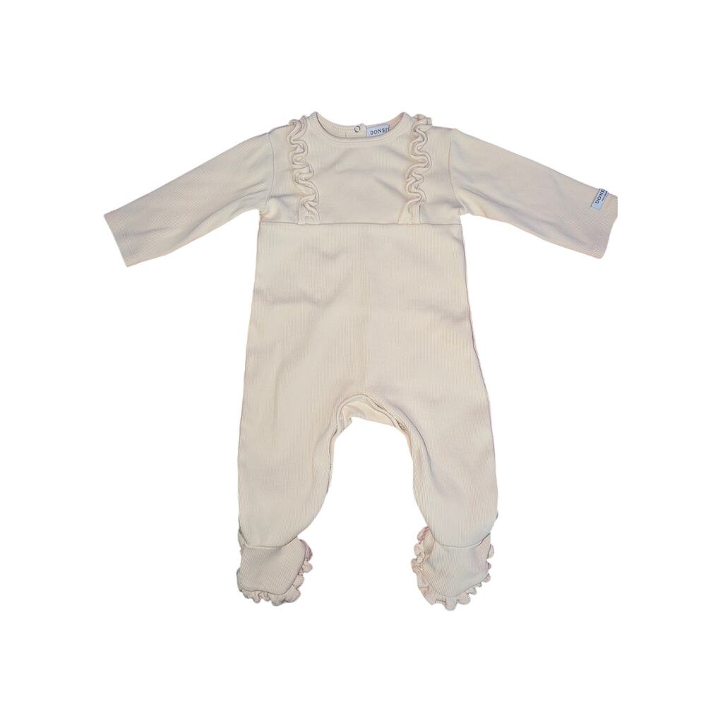 Donsje Amsterdam Baby Girls Cream Ribbed Ruffle Footie Romper 3-6M